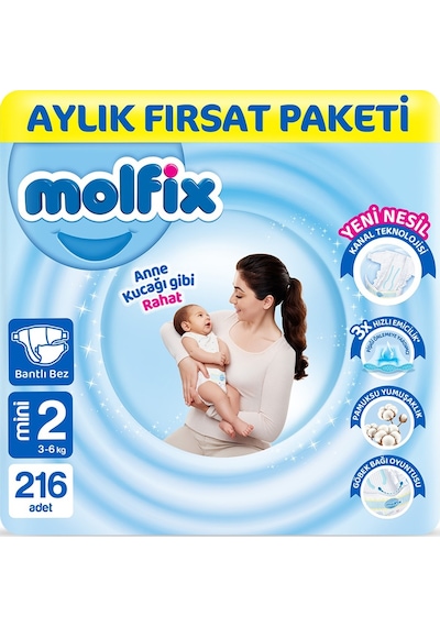 Molfix Bebek Bezi 2 Beden Mini Aylık Fırsat Paketi 216 Adet