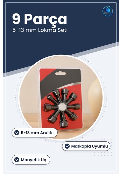 Manyetik Lokma Takımı Somun Sökme Adaptör Seti 9 Parça 5 İla 13 M