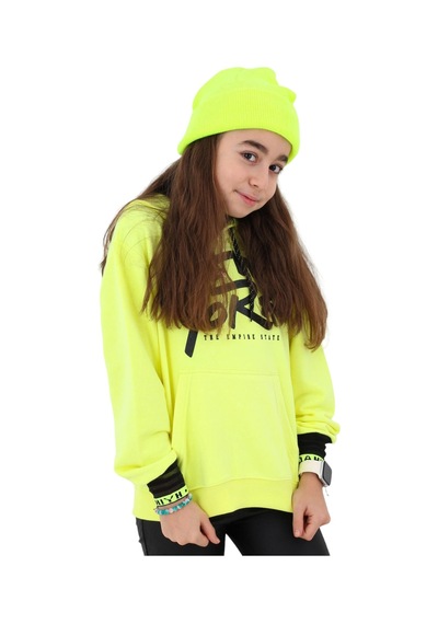 İrem Çocuk Giyim Kız Çocuk New York Desenli Kanguru Cepli Kapüşonlu Sweatshirt Sarı