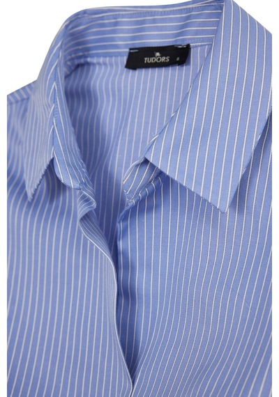 Tudors Kadın Slim Fit Dar Kesim Pamuklu Uzun Kollu Çizgili Mavi Kadın Gömlek-51527