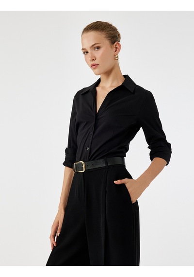 Koton Slim Fit Düğmeli Klasik Yaka Uzun Kollu Poplin Gömlek Siyah 7wak60016uw
