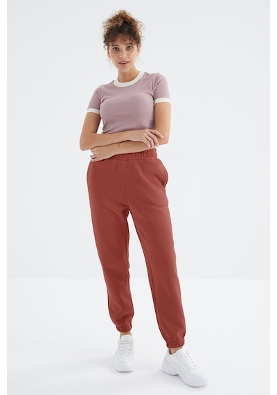 Tommy Life Kiremit Yüksek Bel Şardonlu 3 İplik Pamuklu Basic Kadın Eşofman Alt - 94624