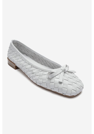 Luvi Shoes Garen Beyaz Örgü Hakiki Deri Fiyonklu Kadın Babet Ayakkabı