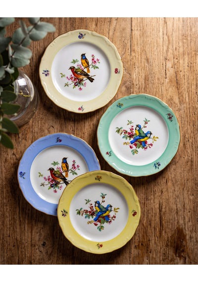 Altın Dekorlu Yeşil Kuşlu Mavi Porselen Pasta Tabağı 19 Cm