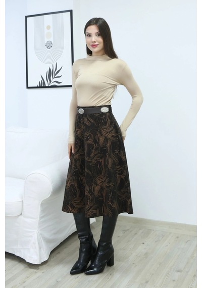 Lodmela Baskılı Ve Kemerli Kadife Etek 6069-kahve/camel Kahve/camel