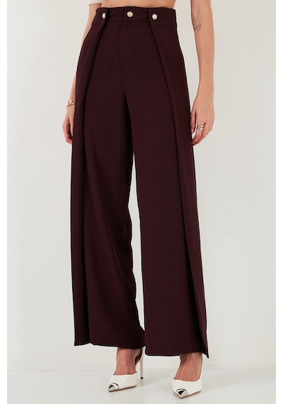 Lela Düğmeli Pile Detaylı Wide Leg Yüksek Bel Geniş Paça Bayan Pantolon 68351133 Mürdüm