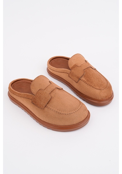 Muggo Vintage Süet Deri Günlük Rahat Önü Kapalı Kadın Loafer Terlik Taba
