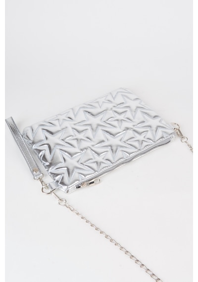 Vivaq Kadın Gümüş Yıldız Nakışlı Rugan Deri Bilek Ve Zincir Askılı Portföy El Ve Clutch Çanta