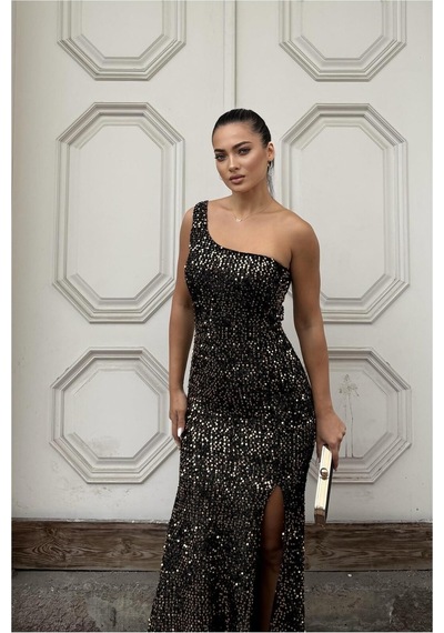 DefyModa Kadın Kadife Kumaş Asimetrik Yaka Payetli Abiye Elbise Sarı