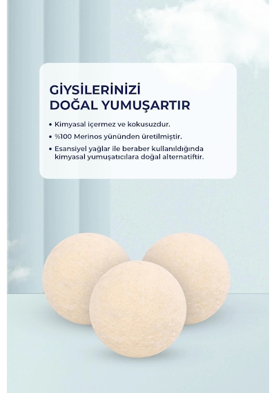 Valerine Life Doğal Merinos Yün Kurutma Topu 3 Adet Kırışıklık Önler Kurutma Süresini Kısaltır Krem