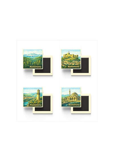 Kastamonu - 4'lü Memleket Seti - Baskılı Buzdolap Magneti Kare - 9x9 Cm - 4 Adet