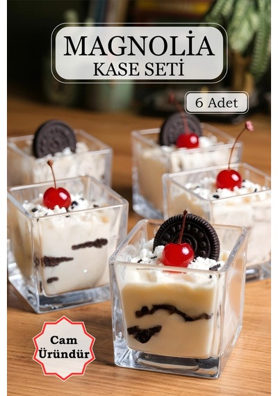 6'lı Kare Cam Magnolya Kasesi Seti Puding Cup Dondurma Servis Sunum Magnolia Kase Takımı Şeffaf