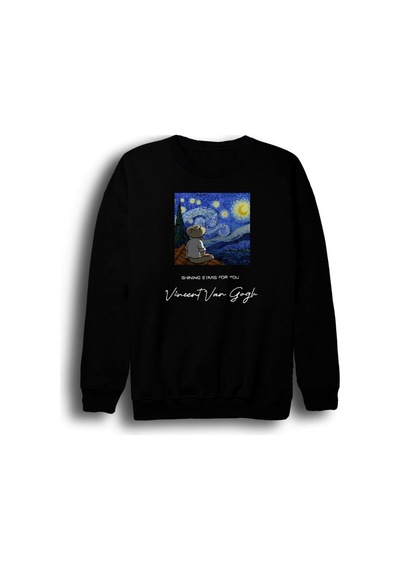 Vincent Van Gogh Baskılı Unisex %100 Pamuk Siyah Bisiklet Yaka Sweatshirt Siyah