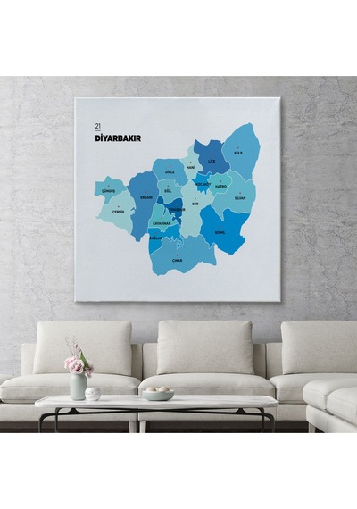 Diyarbakır İli Ve İlçeler Haritası Dekoratif Kanvas Tablo 1323 50 X 50