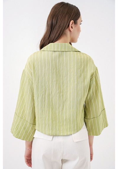Hiccup Bdart Düğmeli, Crop, Oversize Çizgili Gömlek Yeşil