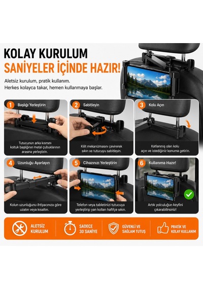 Polham Universal Araç Arka Koltuk Telefon Ve Tablet Tutucu 360 Dönebilen Telefon Standı Katlanabilir Siyah