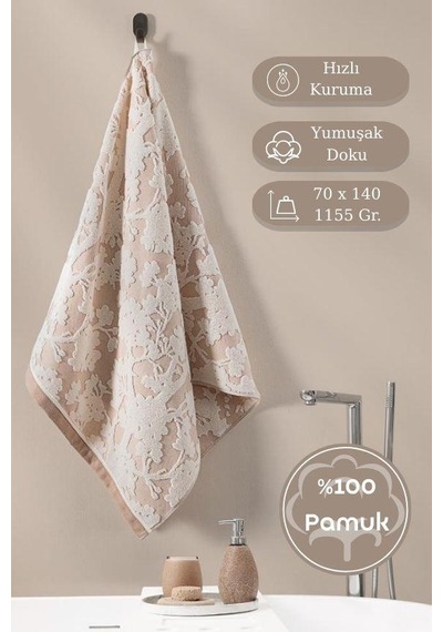 Pamuk Tekli Havlu Jakarlı Karna Eco Batıs - 70 X 140 Pudra