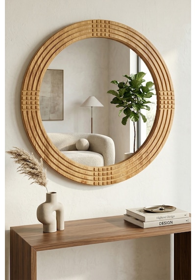 Safir Ahşap Dekoratif Ayna Yuvarlak Ayna Işlemeli Ahşap Duvar Aynası - 43 Cm Ceviz