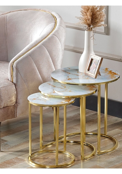 3' Lü Beyaz Sarı Mermer Gold Metal Sehpa 3' Lü Beyaz Sarı Mermer Gold Metal Sehpa