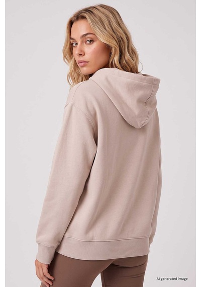 TOMMYLIFE Bej Standart Kapüşonlu Kanguru Cepli Basic Kadın Sweatshirt - 97321