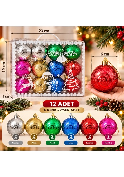 Bakgelal 12 Adet Lüks Yılbaşı Ağaç Süsü Seti - 6 Renk 6 Cm Kabartma Spiral Desenli Çam Ağacı Topları - 9083781653185 Diğer