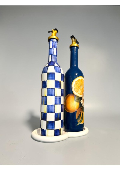 750 Ml Yeni Mavi Limon Ve Dama Desenli 2 Li Cam Yağdanlık Seti Gold Başlıklı Taş Sunum Standlı Dekoratif Tarz Lacivert