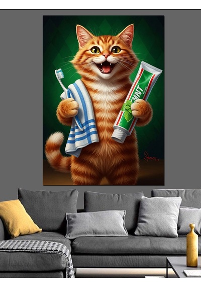Ahşap Tablo Diş Fırçası Tutan Kedi