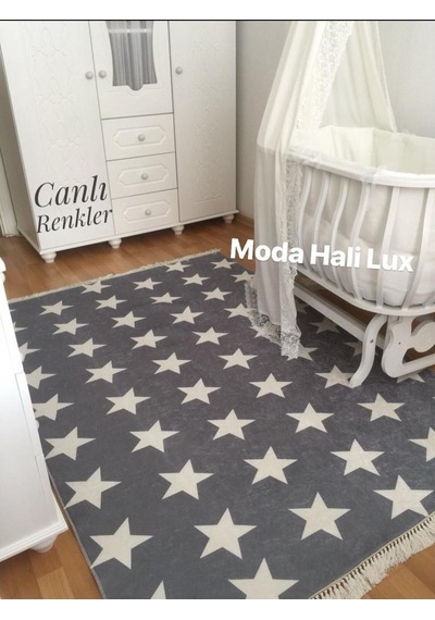 Gri Beyaz Yıldız Kaymaz Taban Halı Kilim Yolluk