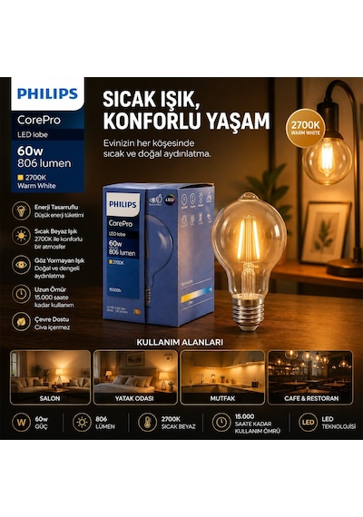 Philips Corepro Led Filament Rustik Ampul 7w E27 - A60, 2700k, 806 Lümen, Cam Gövde, Kod 380035 00- 10'li Paket Diğer