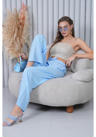 Polologin Butik Beli Bağcıklı Yüksek Bel Bol Paça Açık Mavi Pantolon Mavi