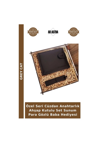 Özel Seri Cüzdan Anahtarlık Ahşap Kutulu Set Sunum Para Gözlü Baba Hediyesi Çok Renkli