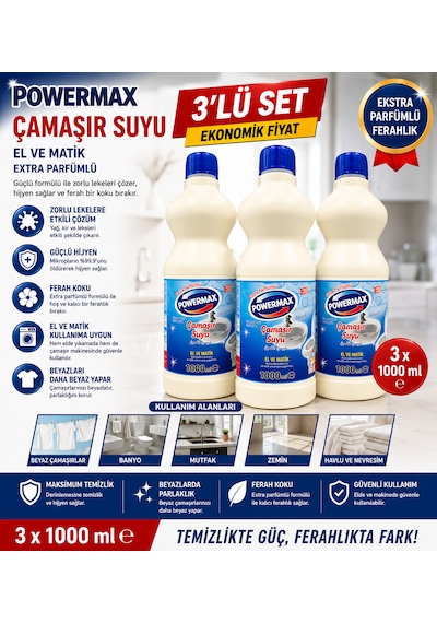 Powermax El Matik Çamaşır Suyu 1000 Ml X3 Set Çok Amaçlı Çamaşır Suyu 3'lü Set
