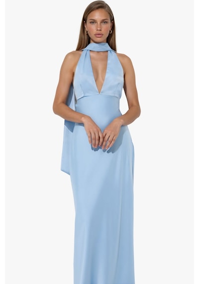 Hiccup V Yaka Bodycon Maxi Elbise Buz Mavisi