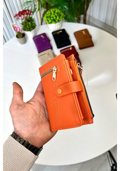 Turuncu Fermuar Detaylı Deri Kadın Cüzdan Yılbaşı Hediyesi 14x9cm Turuncu