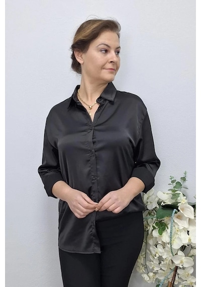 Mia Butik Kadın Siyah Saten Gömlek Siyah