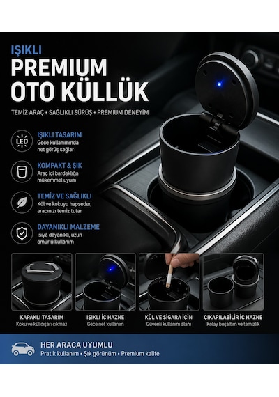 Işıklı Premium Oto Küllük Led Aydınlatmalı Araç İçi Küllük Koku Ve Kül Önleyici Kapaklı Tasarım