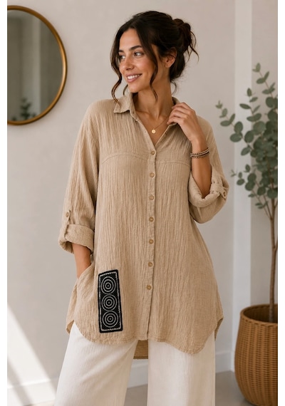 Bb Butik Basic İtalyan Seri Müslin Oversize Gömlek Dn0942 bej