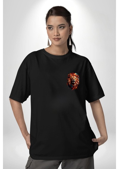 Renkli Yağlı Boya Aslan Siyah Oversize Unisex Ön Ve Sırt Baskılı Tişört Siyah