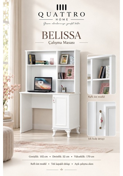 Belissa Kitaplıklı Çalışma Masası Beyaz