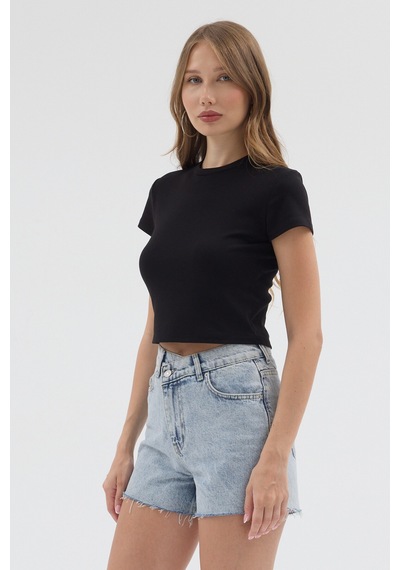 Urbantrendstore Kadın Bisiklet Yaka Likralı Kısa Kol Body Crop Bluz Günlük Şık Sade Yazlık Casual Crop Kadın Crop Siyah