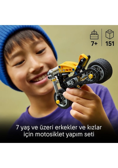 LEGO® Technic Sarı Motosiklet 42225 - 7 Yaş ve Üzeri Çocuklar için Pistonlu Motor İçeren Yaratıcı Oyuncak Yapım Seti (151 Parça)