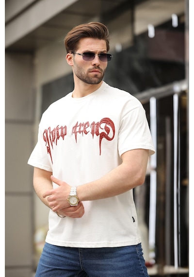 Madmext Ekru Baskılı %100 Pamuk Erkek T-shirt E7141 Ekru