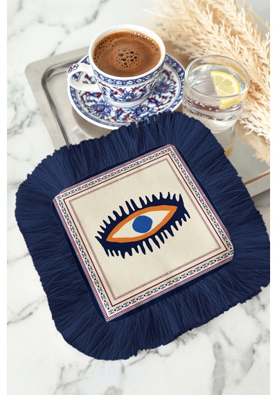 Modern Nazar Göz Motifli Saçaklı Sunum Peçetesi - Etnik Stil Lacivert Krem Kahve Yanı Sunum Mendili Çok Renkli