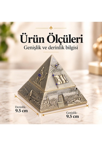 Türkiye Temalı Metal Piramit Küllük Tütsülük Takı Kutusu Kapaklı Dekoratif Hediyelik 10x10 Cm