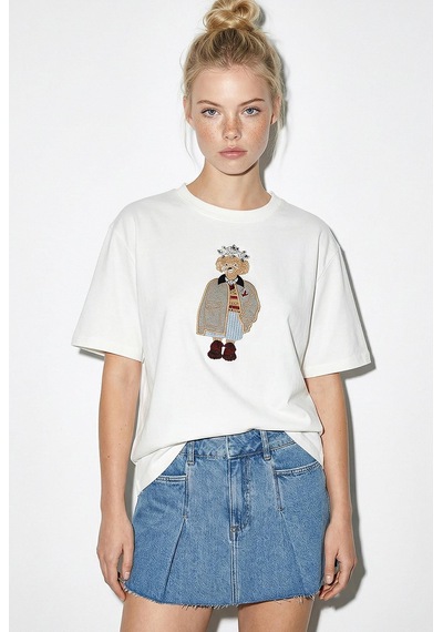 Shade Kadın Köpek Nakışlı Taş İşlemeli Relaxed Fit Pamuk T-shirt 1077 60286067 - Beyaz L
