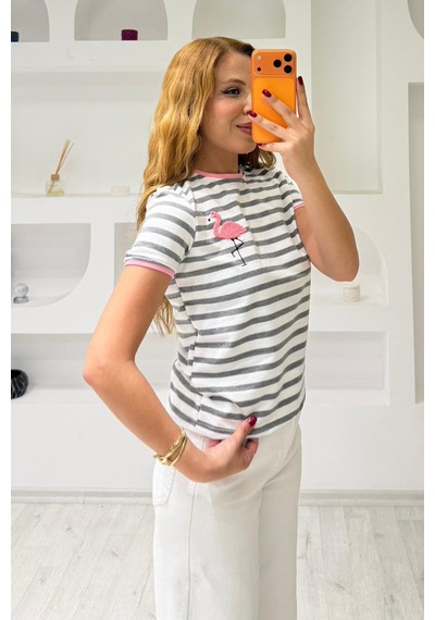 Fiolin Bisiklet Yaka Çizgili T-shirt Pembe