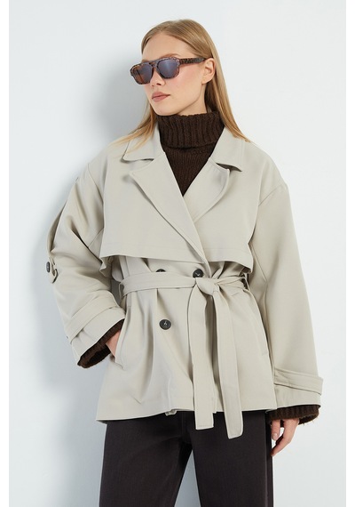 Fullamoda Beli Kemerli Kruvaze Yaka Oversize Trençkot Taş