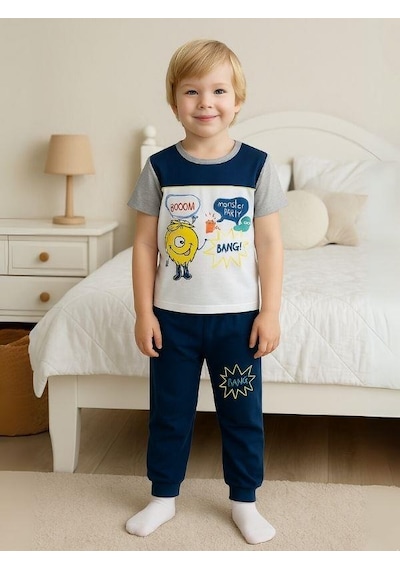 Zekids Erkek Çocuk Eğlenceli Baskılı Kısa Kollu Pijama Takımı-16033 Beyaz