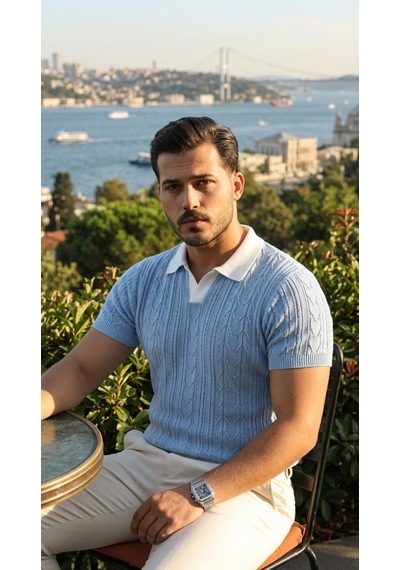 Veraura Lifestyle Erkek Desenli Kısa Kollu Triko Tişört - %100 Pamuk Akrilik Bebe Mavisi