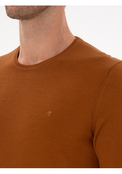 Cacharel Karamel Slim Fit Yün Karışımlı Bisiklet Yaka Basic Triko Kazak Kahverengi